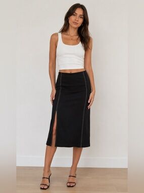 NIC+ZOE Black Midi Skirt with White Contrast Stitching with Slit SZ M